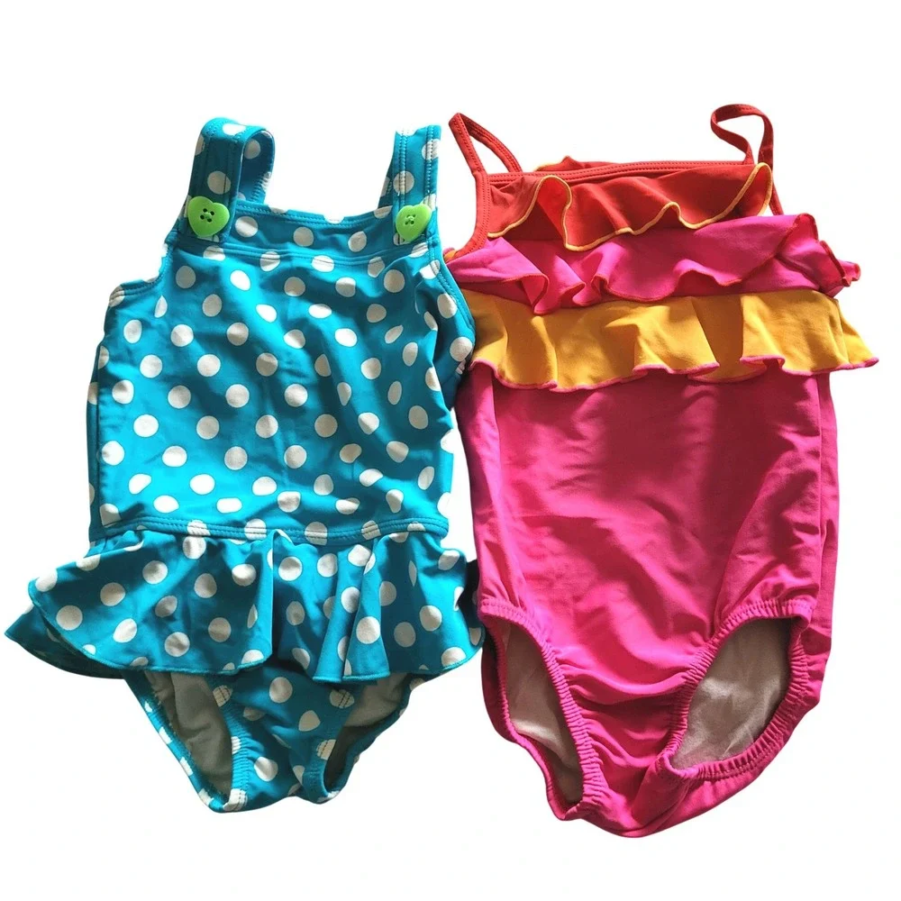 Old Navy Swimsuit Lot Girls 3T Polkadot Ruffle Pink Blue One Piece Bathing Suits